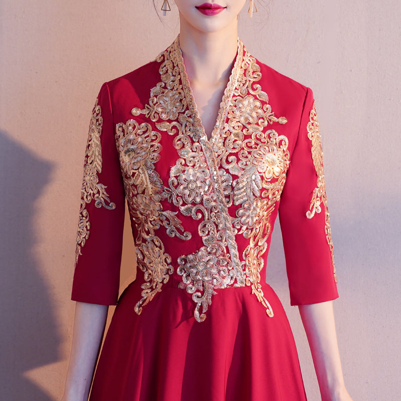 3/4 Sleeve V Neck Floral Embroidery Long Chinese Wedding Party Dress Black / 6XL 3/4 Sleeve V Neck Floral Embroidery Long Chinese Wedding Party Dress Black / 6XL