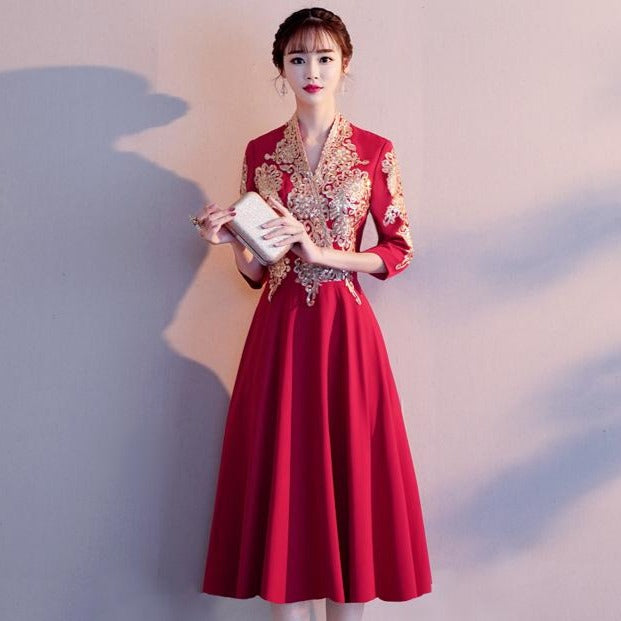 3/4 Sleeve V Neck Floral Embroidery Short Chinese Wedding Party Dress IDREAMMART 3/4 Sleeve V Neck Floral Embroidery Short Chinese Wedding Party Dress IDREAMMART