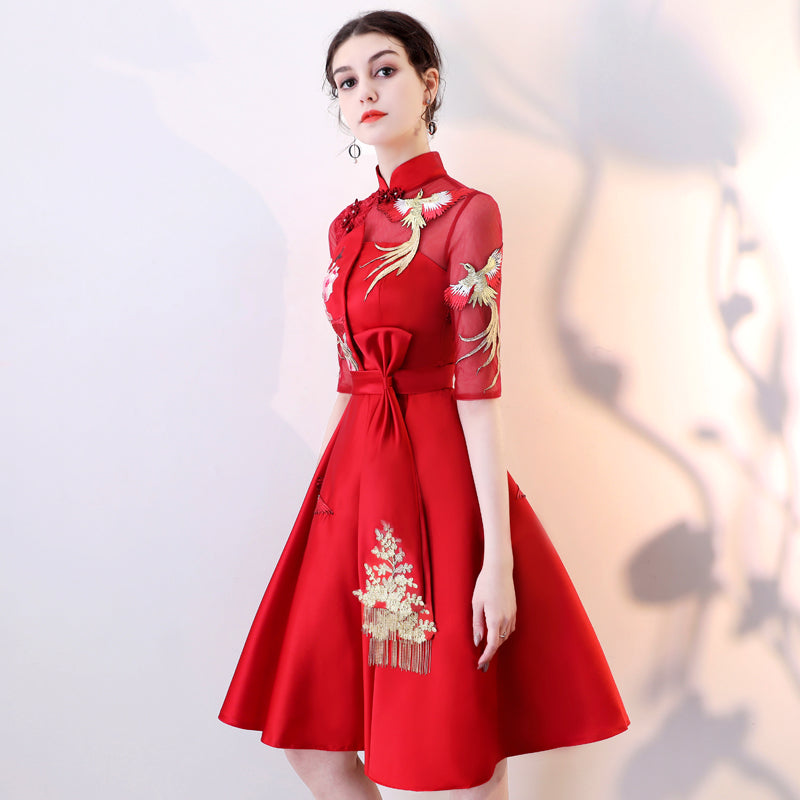 Pleated Skirt Short Chinese Wedding Party Dress with Phoenix Appliques Red / S Pleated Skirt Short Chinese Wedding Party Dress with Phoenix Appliques Red / S
