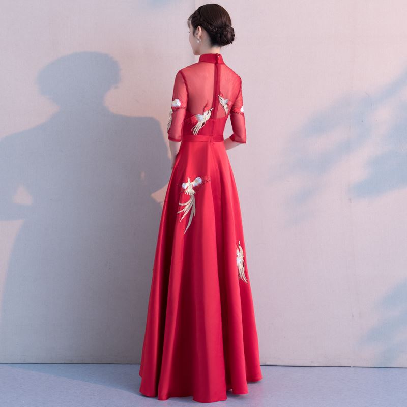 Pleated Skirt Long Chinese Wedding Party Dress with Phoenix Appliques Red / L Pleated Skirt Long Chinese Wedding Party Dress with Phoenix Appliques Red / L