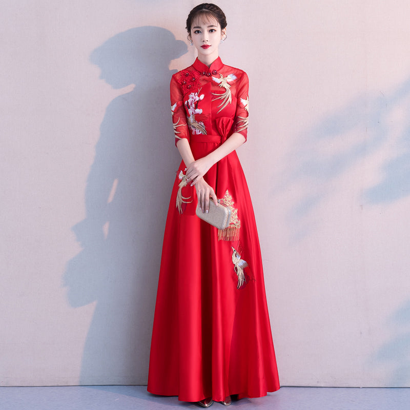 Pleated Skirt Long Chinese Wedding Party Dress with Phoenix Appliques Red / L Pleated Skirt Long Chinese Wedding Party Dress with Phoenix Appliques Red / L