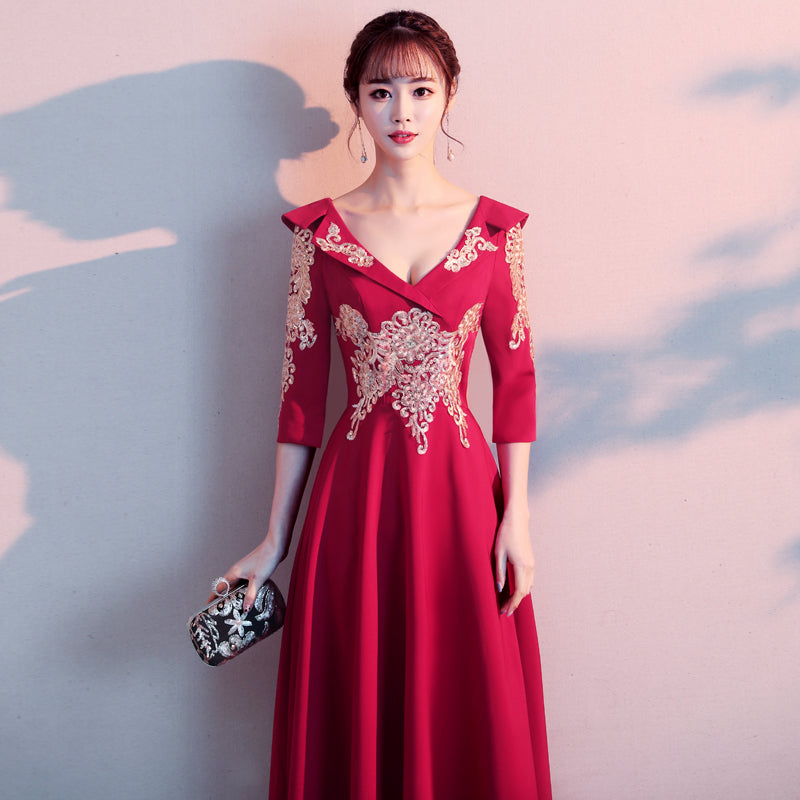 Floral Embroidery V Neck Pleated Skirt Chinese Wedding Party Dress Burgundy / 4XL Floral Embroidery V Neck Pleated Skirt Chinese Wedding Party Dress Burgundy / 4XL