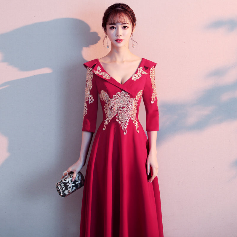 Floral Embroidery V Neck Pleated Skirt Chinese Wedding Party Dress ...