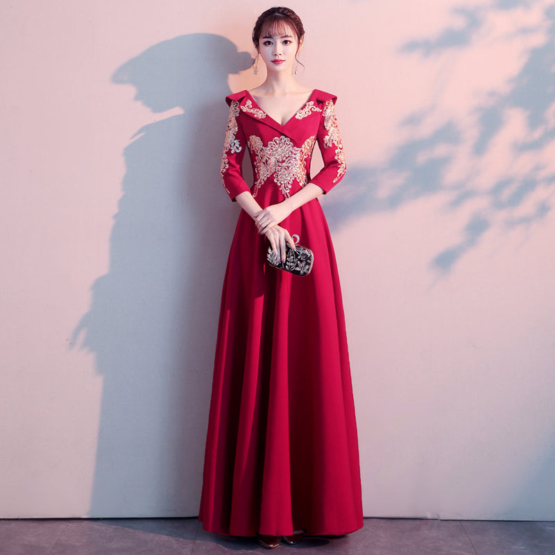 Floral Embroidery V Neck Pleated Skirt Chinese Wedding Party Dress Burgundy / 4XL Floral Embroidery V Neck Pleated Skirt Chinese Wedding Party Dress Burgundy / 4XL