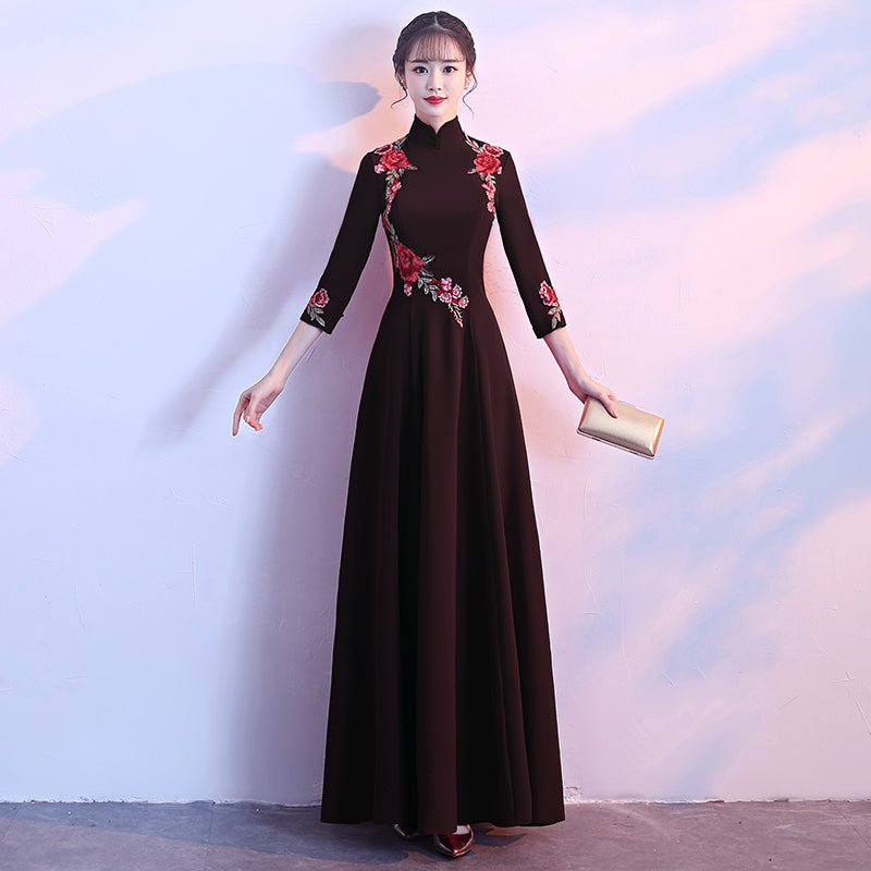 Long Sleeve Floral Embroidery Cheongsam Top Chinese Wedding Party Dress