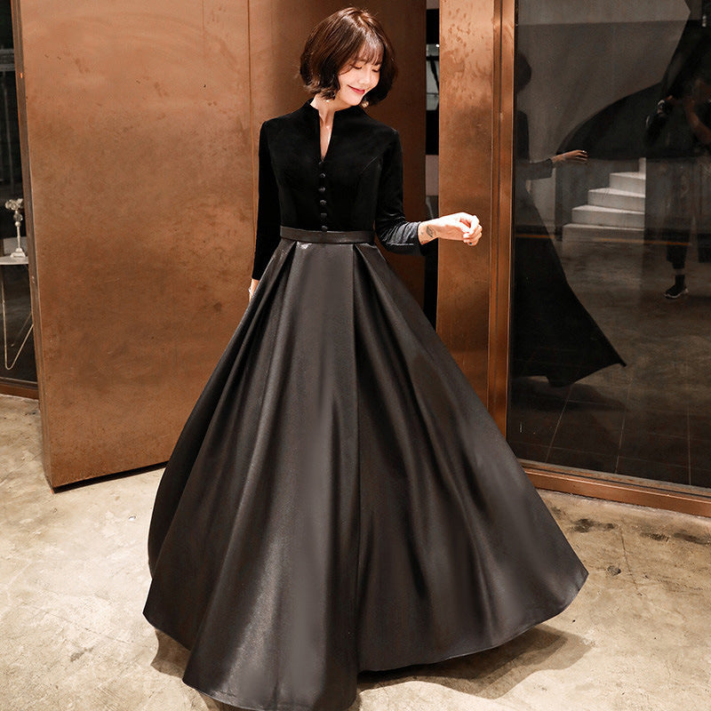 V Neck Velvet Top Pleated Skirt Chinese Dress Black / Full Length / 6XL V Neck Velvet Top Pleated Skirt Chinese Dress Black / Full Length / 6XL