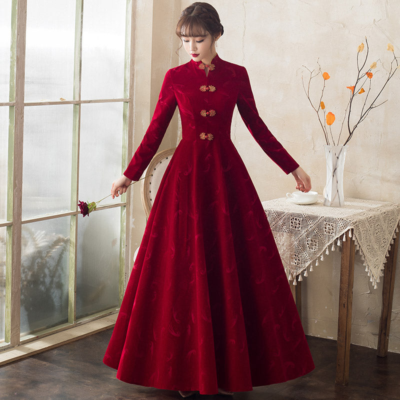 Long Sleeve Mandarin Collar Floral Velvet Oriental Evening Dress Burgundy / 3XL Long Sleeve Mandarin Collar Floral Velvet Oriental Evening Dress Burgundy / 3XL