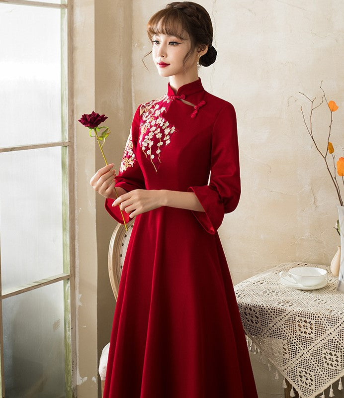 Floral Embroidery Long Sleeve Mandarin Collar Oriental Evening Dress Burgundy / XS Floral Embroidery Long Sleeve Mandarin Collar Oriental Evening Dress Burgundy / XS
