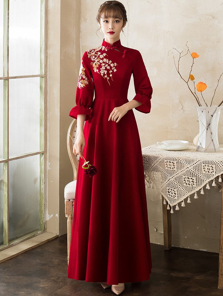 embroidered formal dress Floral Embroidery Long Sleeve Mandarin Collar Oriental Evening Dress Burgundy / XS