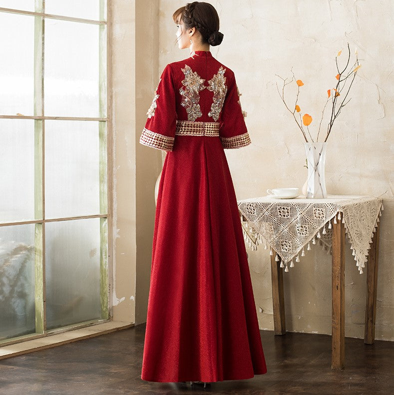 Floral Embroidery Applique Half Sleeve Mandarin Collar Oriental Evening Dress Burgundy / 6XL Floral Embroidery Applique Half Sleeve Mandarin Collar Oriental Evening Dress Burgundy / 6XL