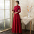 Floral Applique Long Sleeve Mandarin Collar Velvet Oriental Evening Dress