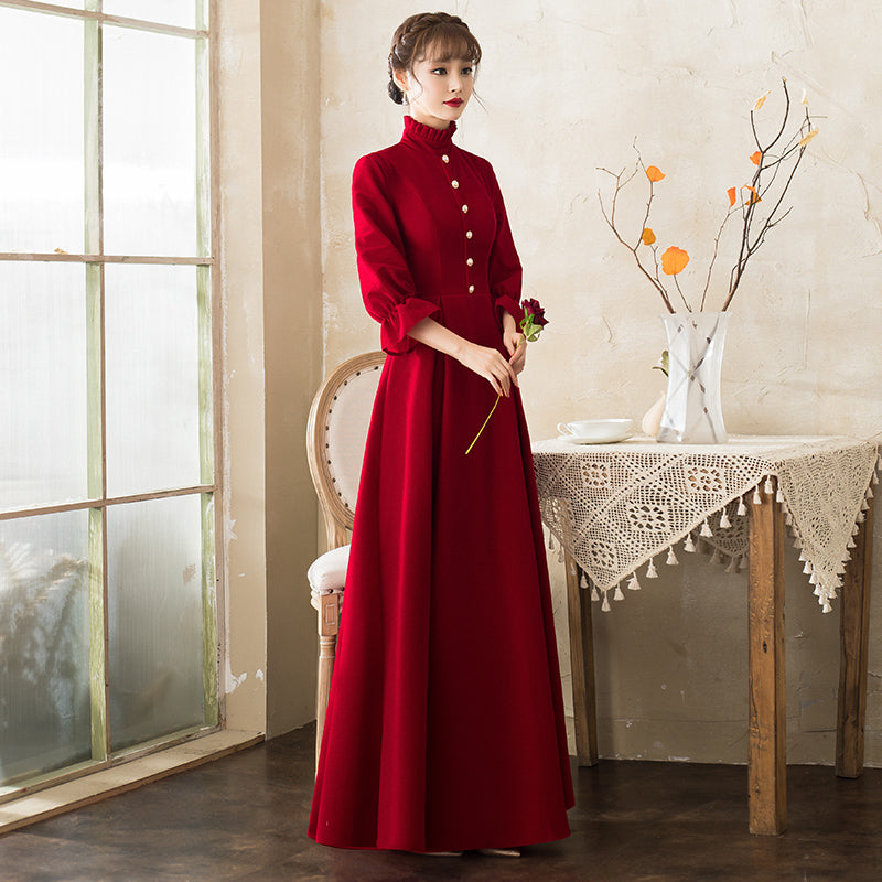 Puff Sleeve High Neck Velvet Oriental Evening Dress Burgundy / 5XL Puff Sleeve High Neck Velvet Oriental Evening Dress Burgundy / 5XL