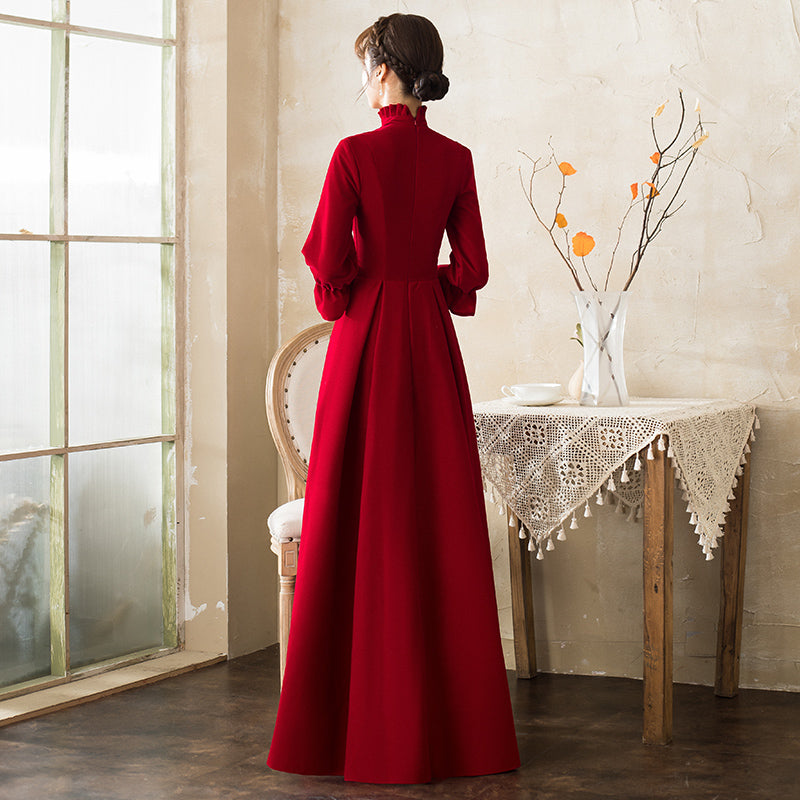 Puff Sleeve High Neck Velvet Oriental Evening Dress Burgundy / 5XL Puff Sleeve High Neck Velvet Oriental Evening Dress Burgundy / 5XL
