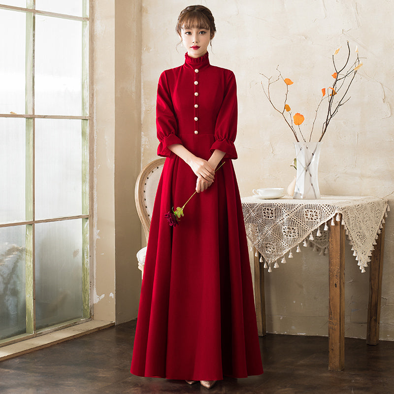 Puff Sleeve High Neck Velvet Oriental Evening Dress Burgundy / L Puff Sleeve High Neck Velvet Oriental Evening Dress Burgundy / L