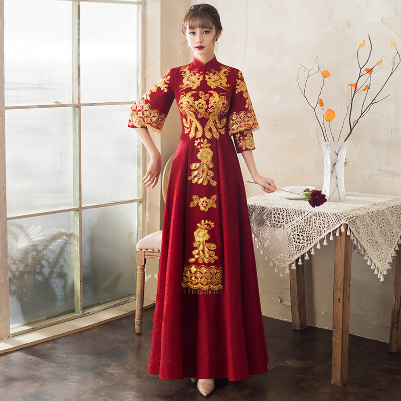 Dragon Embroidery Cheongsam Dress Black and Pink One Piece with