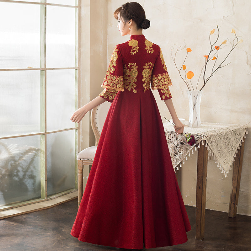 Dragon & Phoenix Embroidery Velvet Oriental Evening Dress with French Cuff Black / 6XL Dragon & Phoenix Embroidery Velvet Oriental Evening Dress with French Cuff Black / 6XL