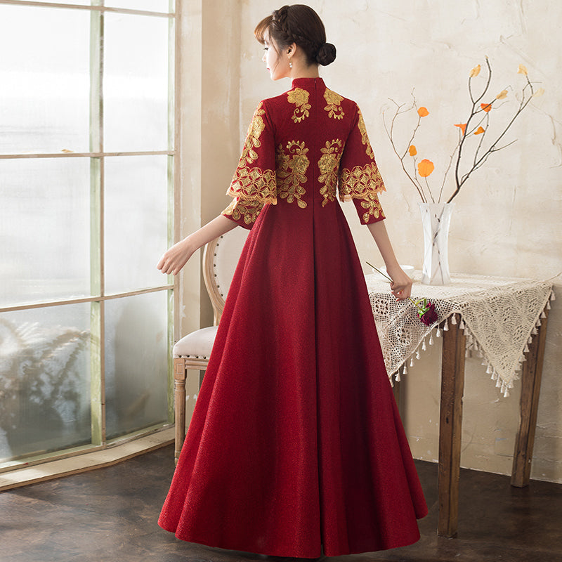 Dragon & Phoenix Embroidery Velvet Oriental Evening Dress with French Cuff