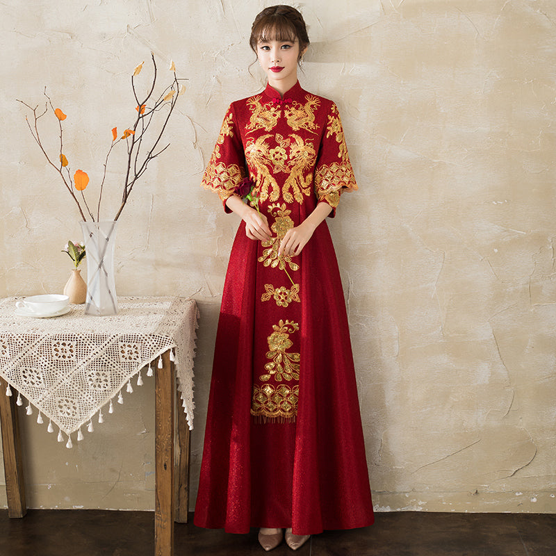 Dragon & Phoenix Embroidery Velvet Oriental Evening Dress with French Cuff