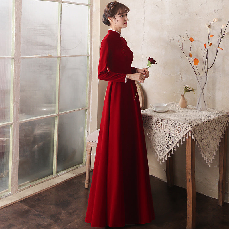 Mandarin Collar Long Sleeve A-Line Velvet Oriental Evening Dress – IDREAMMART
