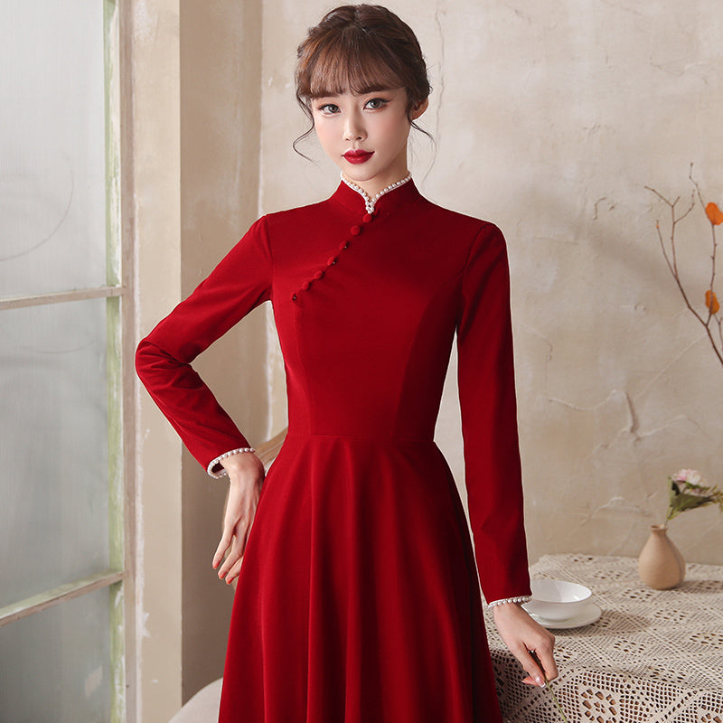 Mandarin Collar Long Sleeve A-Line Velvet Oriental Evening Dress –  IDREAMMART