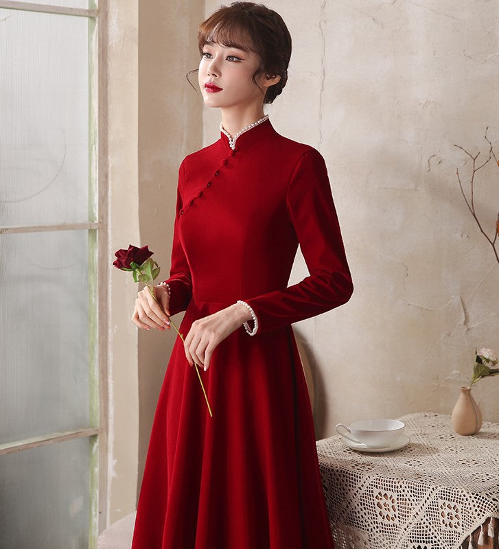 Mandarin Collar Long Sleeve A-Line Velvet Oriental Evening Dress – IDREAMMART