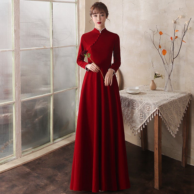 Mandarin Collar Long Sleeve A-Line Velvet Oriental Evening Dress Black / Xs Mandarin Collar Long Sleeve A-Line Velvet Oriental Evening Dress Black / Xs