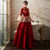 Floral Embroidery Lace Trumpet Sleeve Velvet Oriental Evening Dress