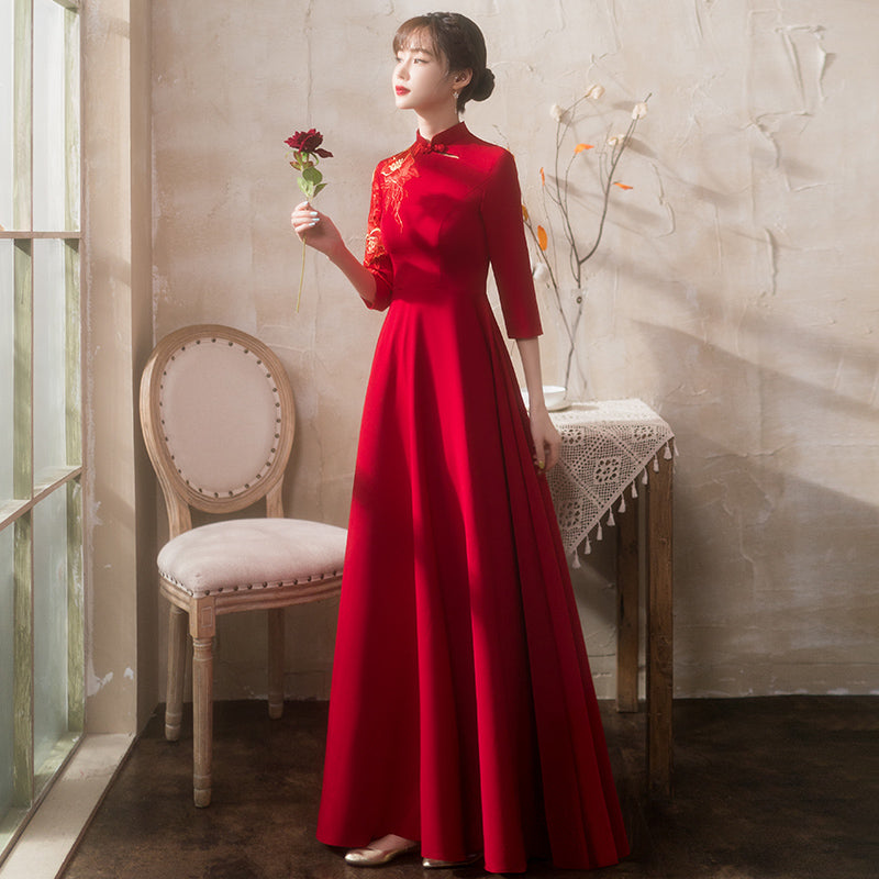 Floral Embroidery 3/4 Sleeve Velvet Oriental Evening Dress Burgundy / 4XL Floral Embroidery 3/4 Sleeve Velvet Oriental Evening Dress Burgundy / 4XL