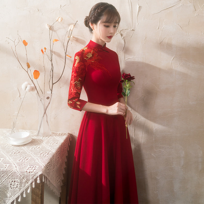 Floral Embroidery 3/4 Sleeve Velvet Oriental Evening Dress IDREAMMART Floral Embroidery 3/4 Sleeve Velvet Oriental Evening Dress IDREAMMART