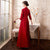 Floral Embroidery 3/4 Sleeve Open Front Velvet Oriental Evening Dress