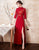 Floral Embroidery 3/4 Sleeve Open Front Velvet Oriental Evening Dress