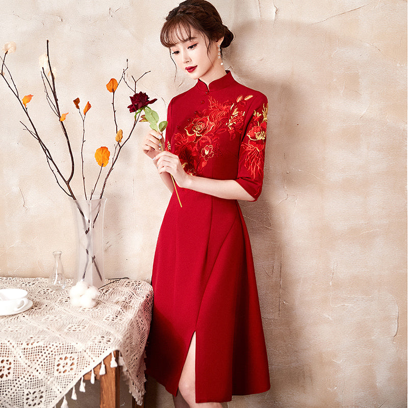 Floral Embroidery Half Sleeve Knee Length Velvet Oriental Evening Dress Burgundy / L Floral Embroidery Half Sleeve Knee Length Velvet Oriental Evening Dress Burgundy / L