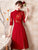 Floral Embroidery Half Sleeve Knee Length Velvet Oriental Evening Dress