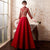 Floral Embroidery 3/4 Sleeve Full Length Velvet Oriental Evening Dress