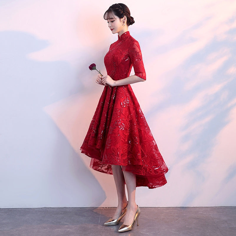 Half Sleeve Asymmetrical Hem Floral Lace Oriental Evening Dress Burgundy / L Half Sleeve Asymmetrical Hem Floral Lace Oriental Evening Dress Burgundy / L