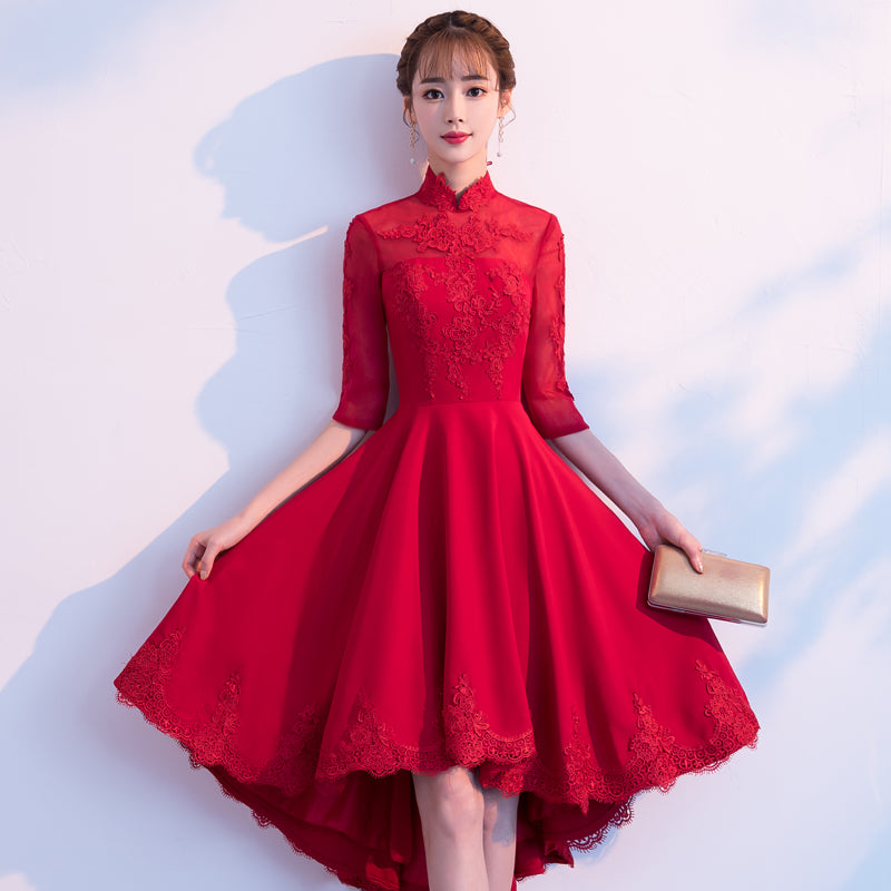 Half Sleeve Asymmetrical Hem Floral Lace Appliques Oriental Evening Dress Burgundy / M Half Sleeve Asymmetrical Hem Floral Lace Appliques Oriental Evening Dress Burgundy / M