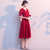 Puff Sleeve Floral Lace V Neck Tea Length Oriental Evening Dress