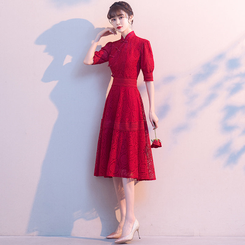 mandarin collar lace dress Mandarin Collar Festival Dress - Deep Cherry