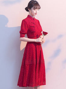Mandarin Collar Puff Sleeve Floral Lace Knee Length Oriental