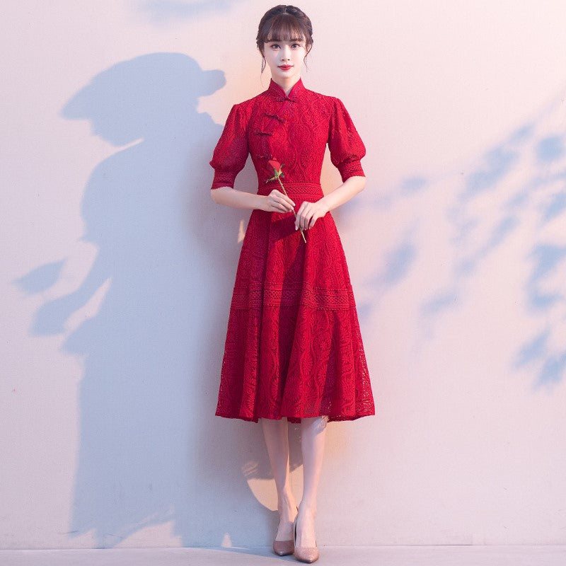 Mandarin Collar Puff Sleeve Floral Lace Knee Length Oriental Evening Dress Black / 6XL Mandarin Collar Puff Sleeve Floral Lace Knee Length Oriental Evening Dress Black / 6XL