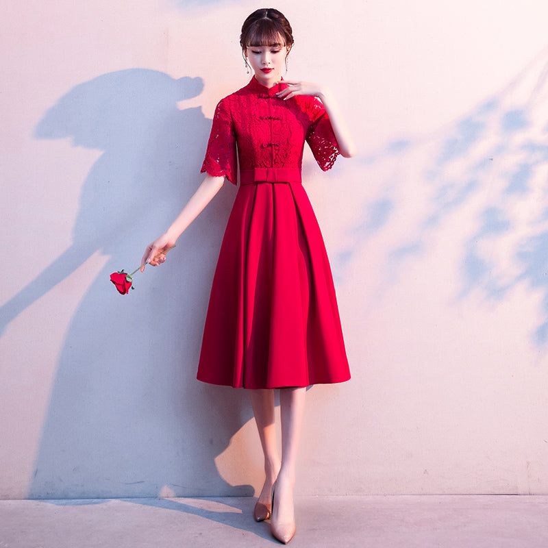 Floral Lace Top Pleated Skirt Tea Length Oriental Evening Dress Burgundy / L Floral Lace Top Pleated Skirt Tea Length Oriental Evening Dress Burgundy / L