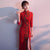 3/4 Sleeve Floral Lace & Applique Open Front Oriental Evening Dress