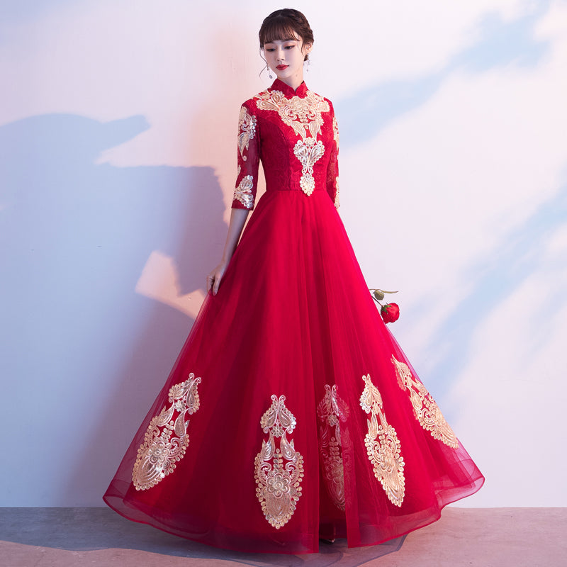 3/4 Sleeve Floral Appliques Mandarin Collar Full Length Oriental Evening Dress Black / XS 3/4 Sleeve Floral Appliques Mandarin Collar Full Length Oriental Evening Dress Black / XS