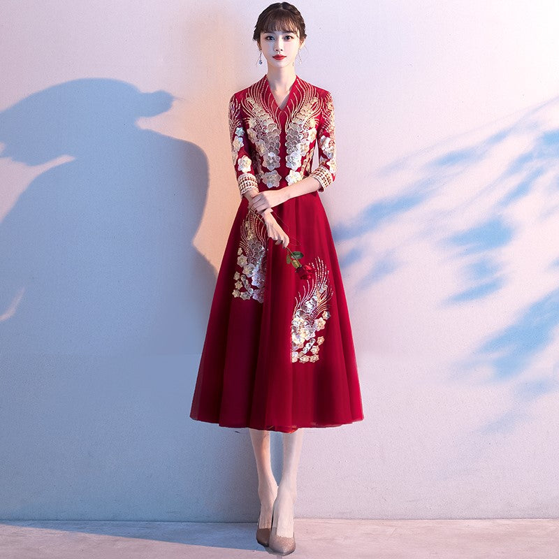 Floral Appliques 3/4 Sleeve V Neck Tea Length Oriental Evening Dress Burgundy / S Floral Appliques 3/4 Sleeve V Neck Tea Length Oriental Evening Dress Burgundy / S