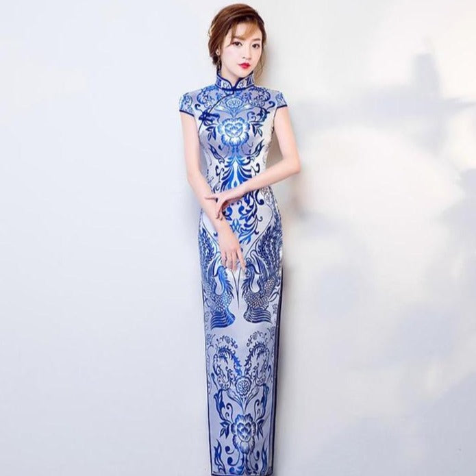 Blue & White Porcelain Pattern Brocade Cheongsam Qipao Chinese Dress Blue / XXL Blue & White Porcelain Pattern Brocade Cheongsam Qipao Chinese Dress Blue / XXL