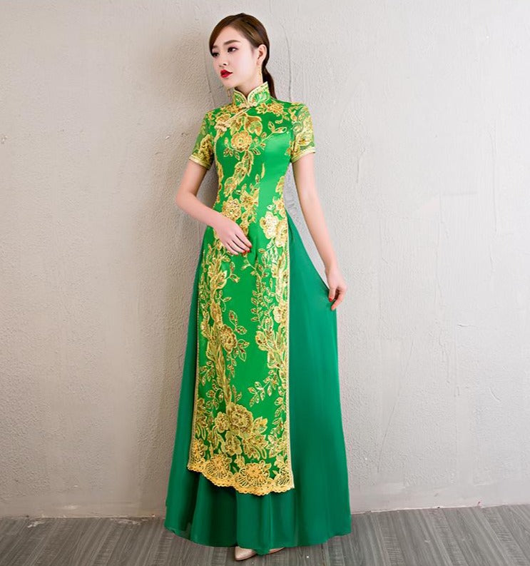 Short Sleeve Floral Embroidery Cheongsam Top Full Length Ao Dai Dress