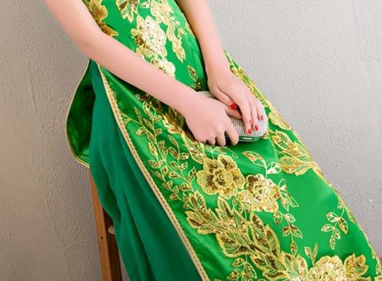 Short Sleeve Floral Embroidery Cheongsam Top Full Length Ao Dai Dress