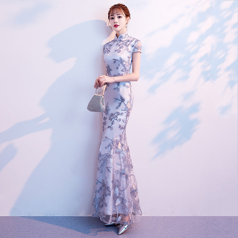 Cap Sleeve Cheongsam Top Floral Lace Mermaid Evening Dress