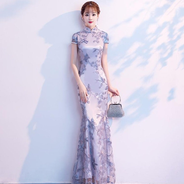 Cap Sleeve Cheongsam Top Floral Lace Mermaid Evening Dress – IDREAMMART
