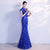 Mandarin Collar Cap Sleeve Floral Embroidery Cheongsam Top Evening Dress